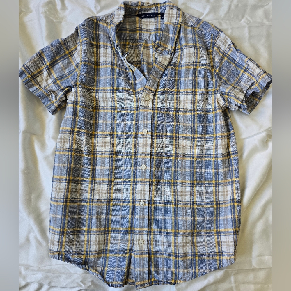 Janie And Jack Blue and Yellow Plaid Linen Button-Up Shirt